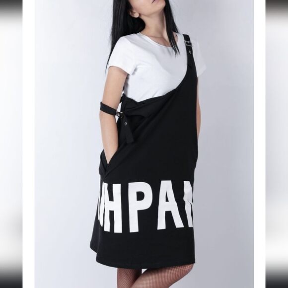 BULGARIAN Overall Grafic Dress Black with Lettering in White Size Medium - Picture 2 of 12